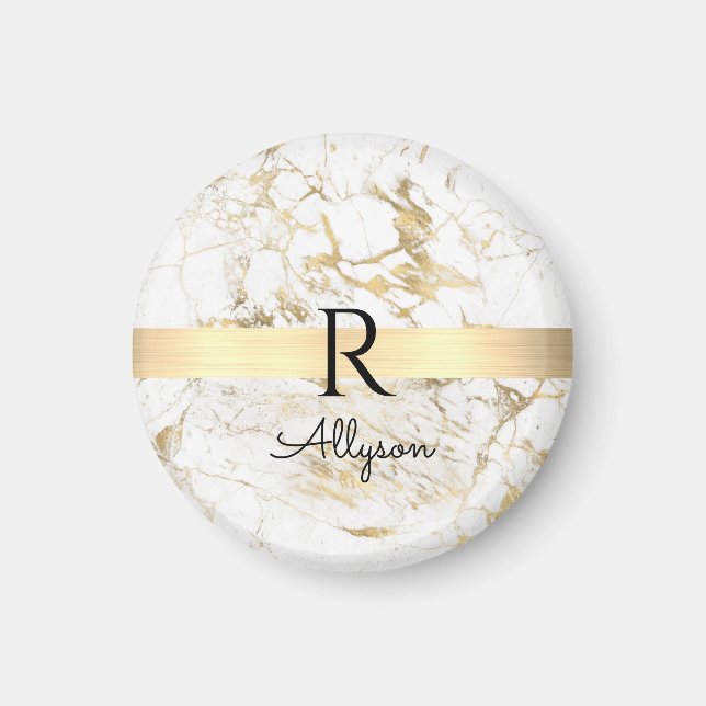 Wh & Gold Marble Gold Bar, DIY Black Name Monogram Magnet (Front)