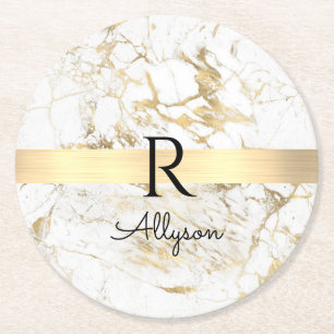 Wh & Gold Marble Gold Bar, DIY Black Name Monogram Round Paper Coaster