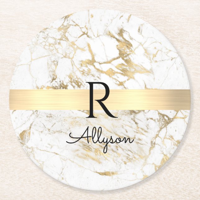 Wh & Gold Marble Gold Bar, DIY Black Name Monogram Round Paper Coaster (Front)