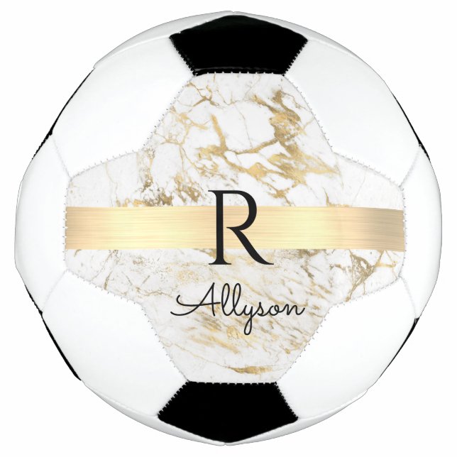 Wh & Gold Marble Gold Bar, DIY Black Name Monogram Soccer Ball (Front)