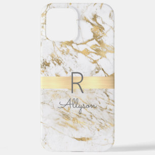 Wh & Gold Marble Gold Bar, DIY Grey Name Monogram iPhone 12 Pro Max Case