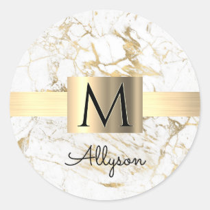 Wh & Gold Marble Gold Box, DIY Black Name Monogram Classic Round Sticker