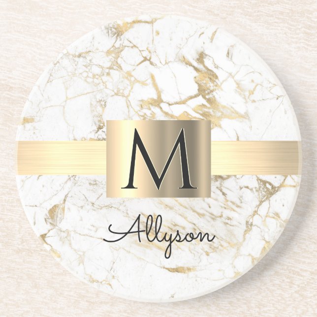 Wh & Gold Marble Gold Box, DIY Black Name Monogram Coaster (Front)
