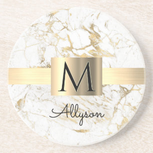 Wh & Gold Marble Gold Box, DIY Black Name Monogram Coaster