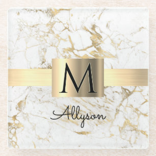 Wh & Gold Marble Gold Box, DIY Black Name Monogram Glass Coaster