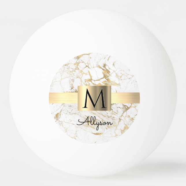 Wh & Gold Marble Gold Box, DIY Black Name Monogram Ping Pong Ball (Front)