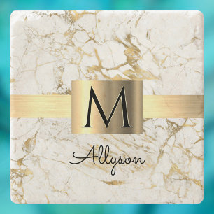 Wh & Gold Marble Gold Box, DIY Black Name Monogram Stone Coaster