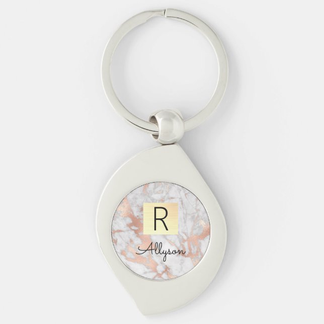 Wh & Rose Gold Marble Gold Box, Name & Monogram Key Ring (Front)