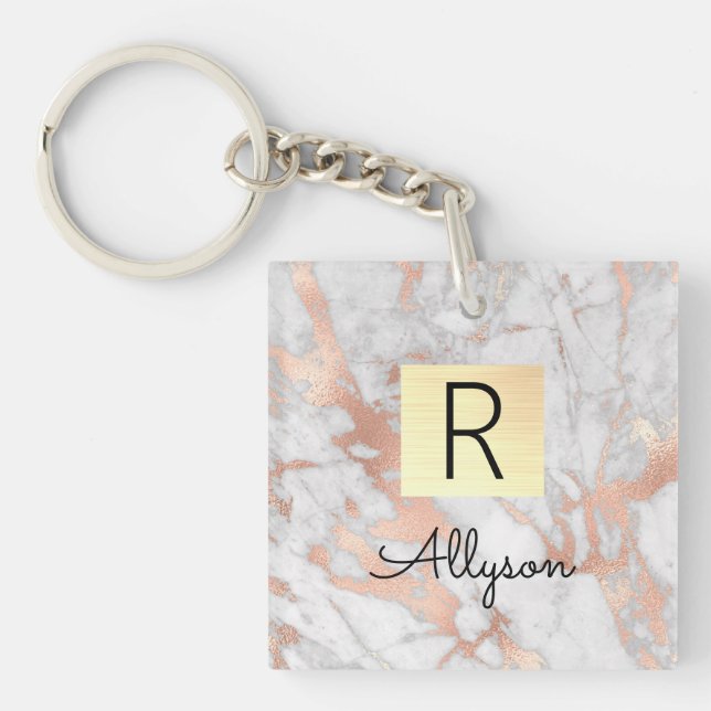 Wh & Rose Gold Marble Gold Box, Name & Monogram Key Ring (Front)