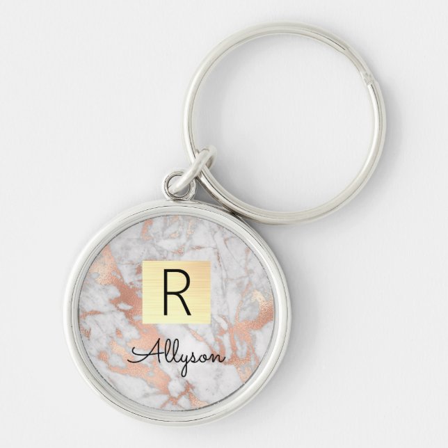 Wh & Rose Gold Marble Gold Box, Name & Monogram Key Ring (Front)