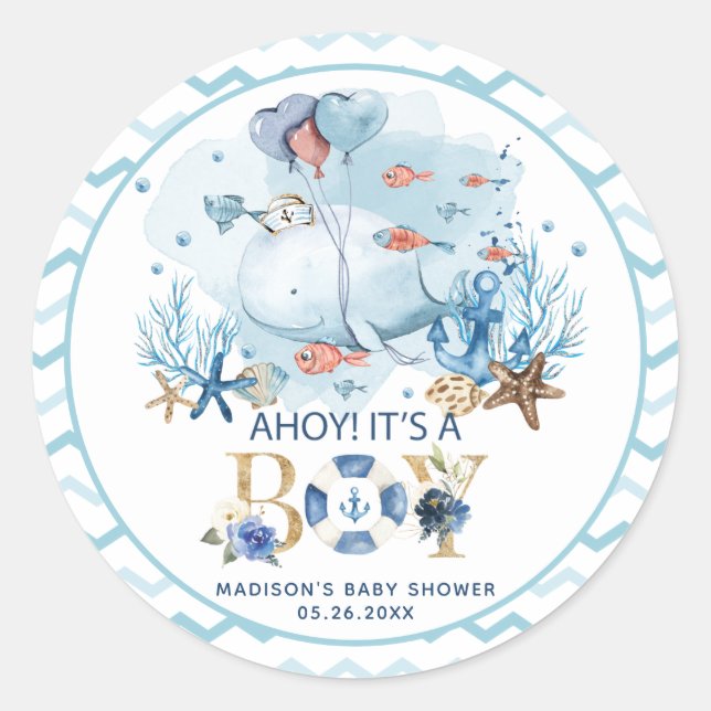 Whale Ahoy It's a Boy Baby Shower Thank You Favour Classic Round Sticker (Front)