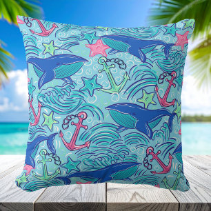 Whale Anchor Starfish Coastal / Preppy Nautical Cushion