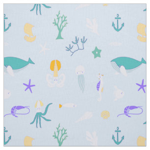 Whale, Anchors, Corals and Seaweed Pattern Fabric
