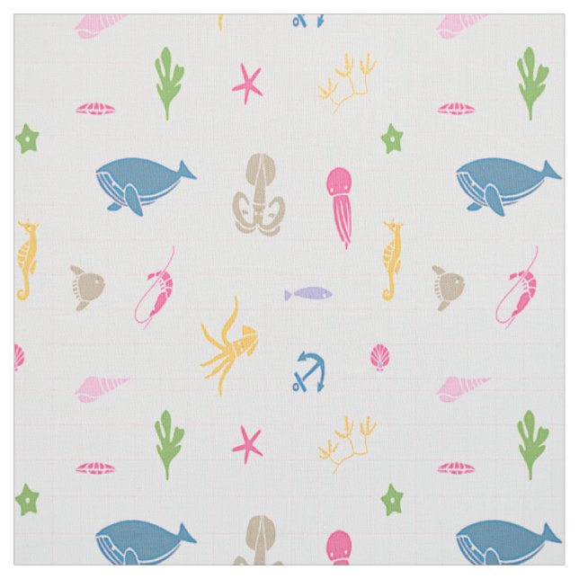 Whale, Anchors, Corals and Seaweed Pattern (Pinks) Fabric (Swatch)