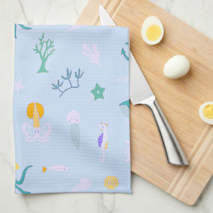 Whale, Anchors, Corals and Seaweed Pattern Tea Towel