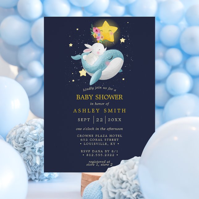 Whale and Bunny Navy Stars Baby Shower Invitation (Creator Uploaded)