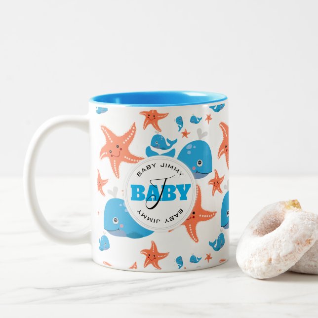 Whale and Starfish Baby Monogram Pattern Two-Tone Coffee Mug (With Donut)
