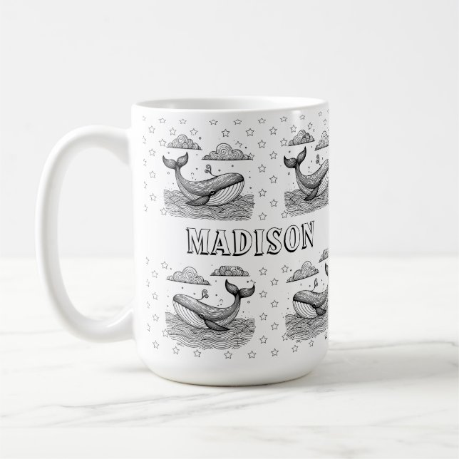 Whale and Stars Pattern Kids Personalised Colourin Coffee Mug (Left)