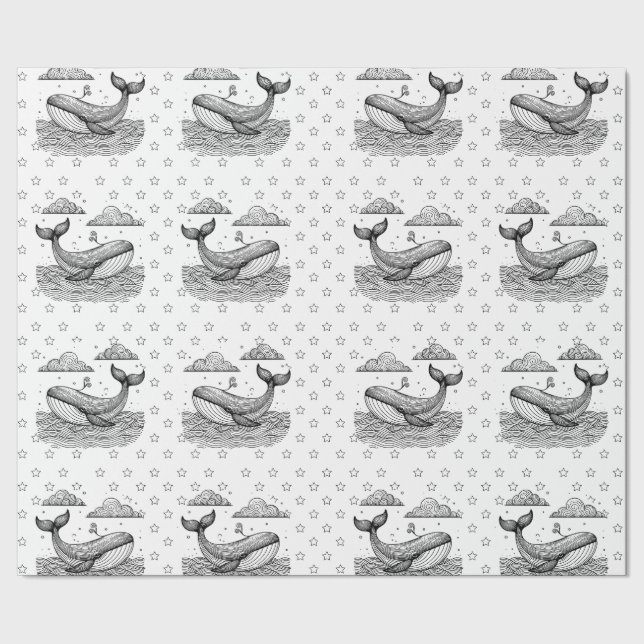 Whale and Stars Pattern Kids Personalised Colourin Wrapping Paper (Seam)