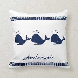 Whale and waves Blue and White  Cushion