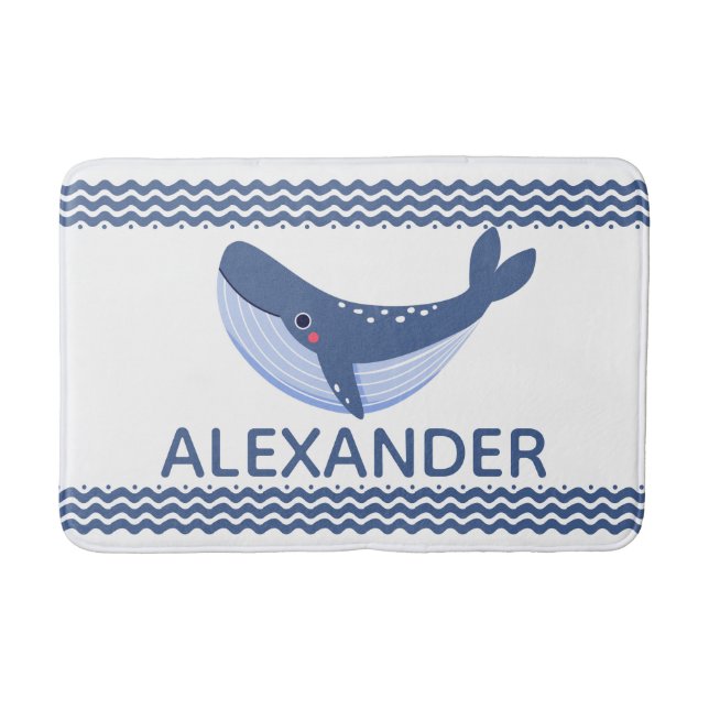 Whale and waves Blue and White Custom  Bath Mat (Front)