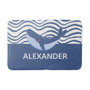 Whale and waves Blue and White Custom  Bath Mat