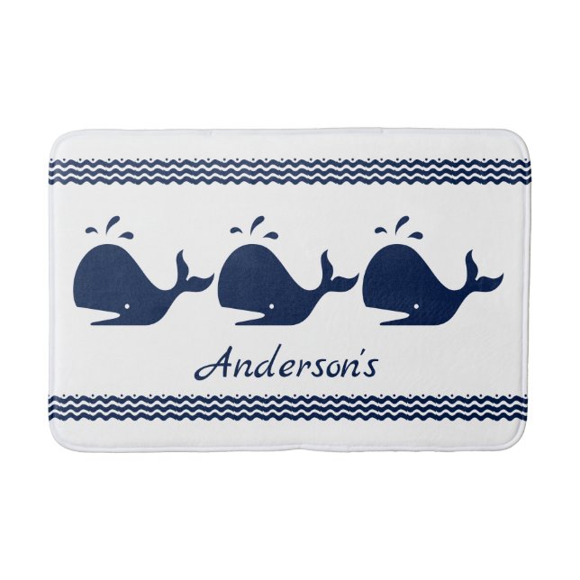 Whale and waves Blue and White personalised Bath Mat (Front)