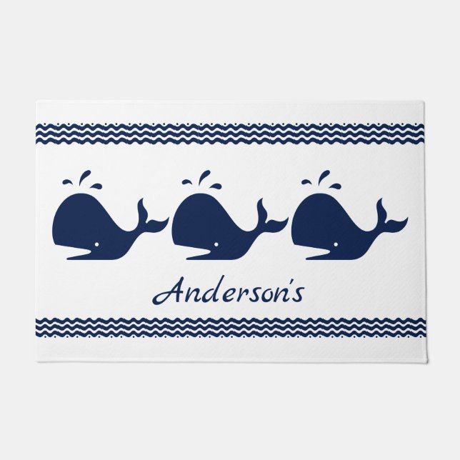 Whale and waves Blue and White personalised Doormat (Front)