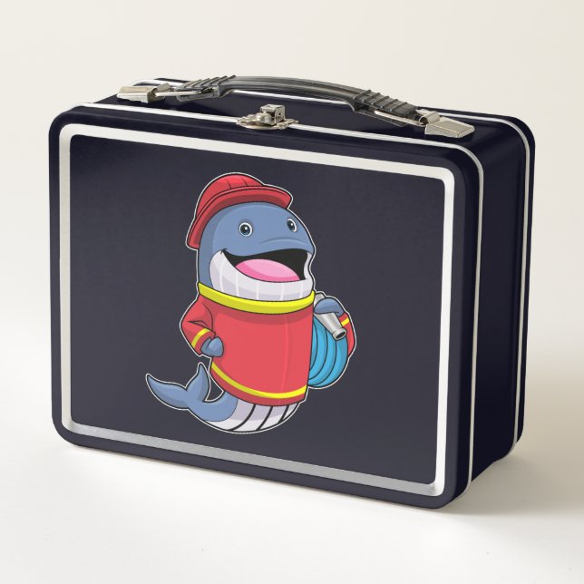 Whale as Firefighter with Hose Metal Lunch Box (Front)