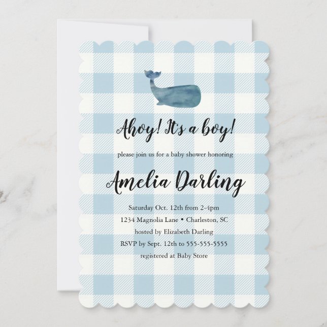Whale Baby Boy Baby Shower Scallop Edge Invitation (Front)