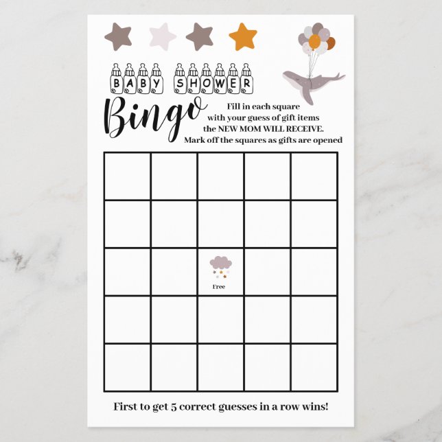 Whale Baby Shower Beautiful Dream Bingo Game Card (Front)