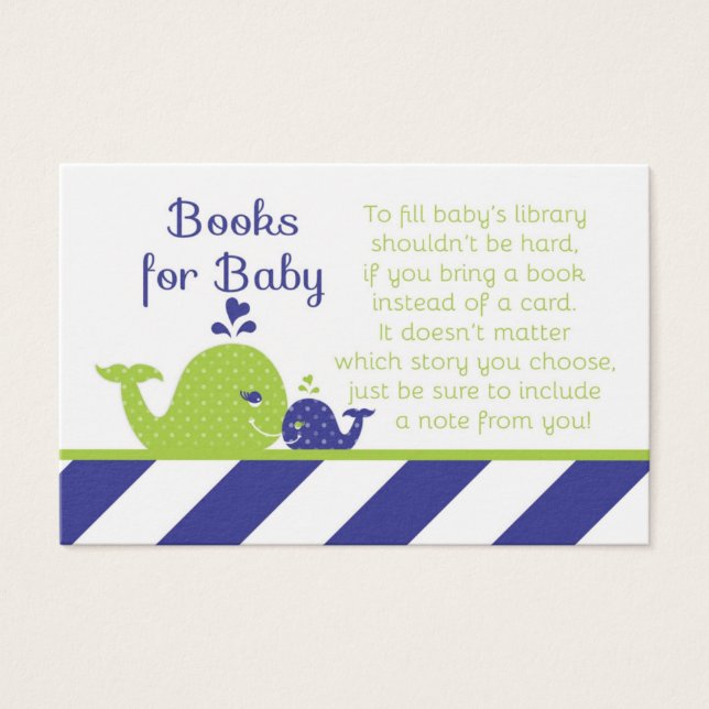 Whale Baby Shower Book Request Cards, Navy Green (Front)