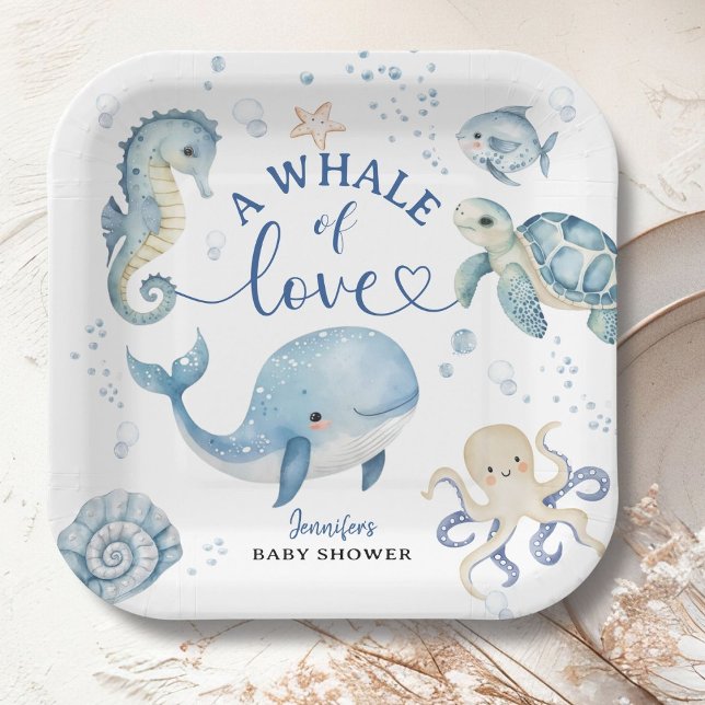 Whale Baby Shower Boy Blue Ocean Paper Plate (Creator Uploaded)