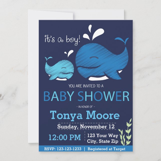 Whale Baby Shower Invitation (boy) (Front)
