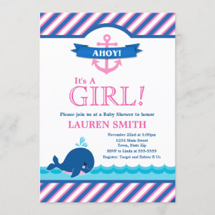 Whale Baby Shower Invitation Girl Pink