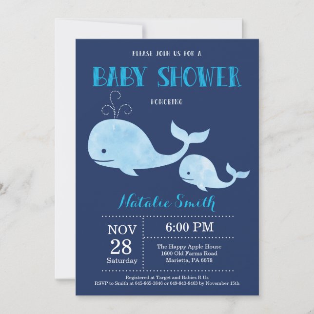 Whale Baby Shower Invitation Navy Blue.Nautical (Front)