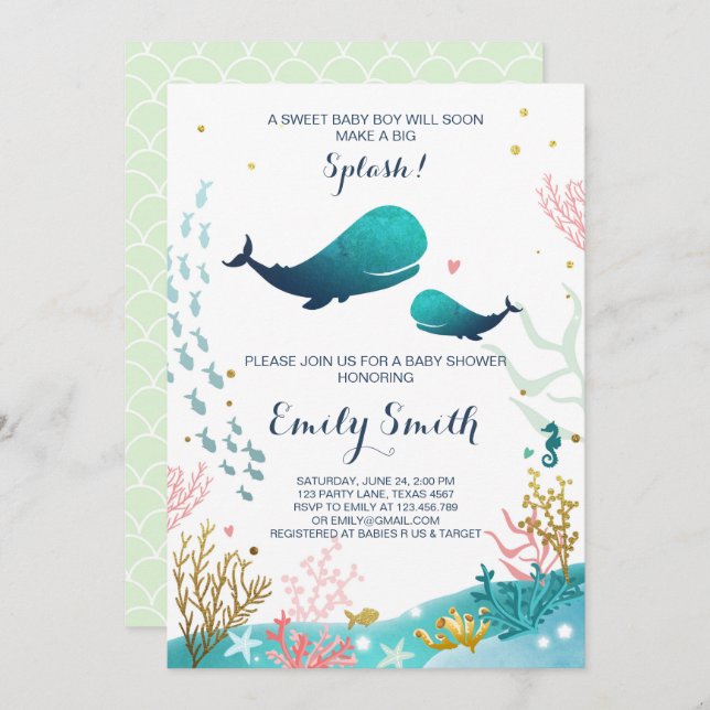 Whale Baby Shower Invitation Ocean Ahoy Boy Cute (Front/Back)