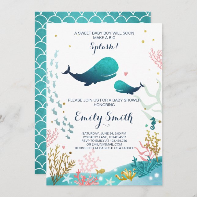 Whale Baby Shower Invitation Ocean Ahoy Boy Cute (Front/Back)