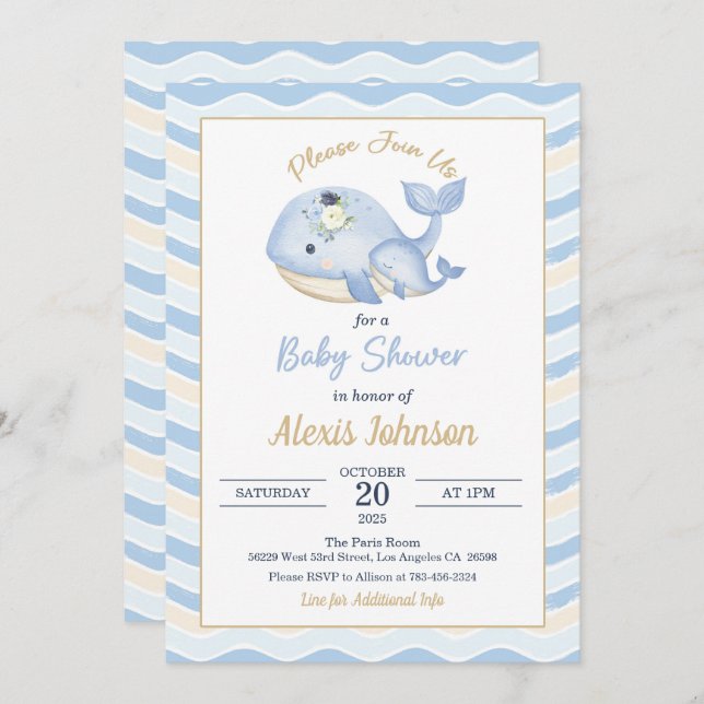 Whale Baby Shower Invitation Wavy Background (Front/Back)