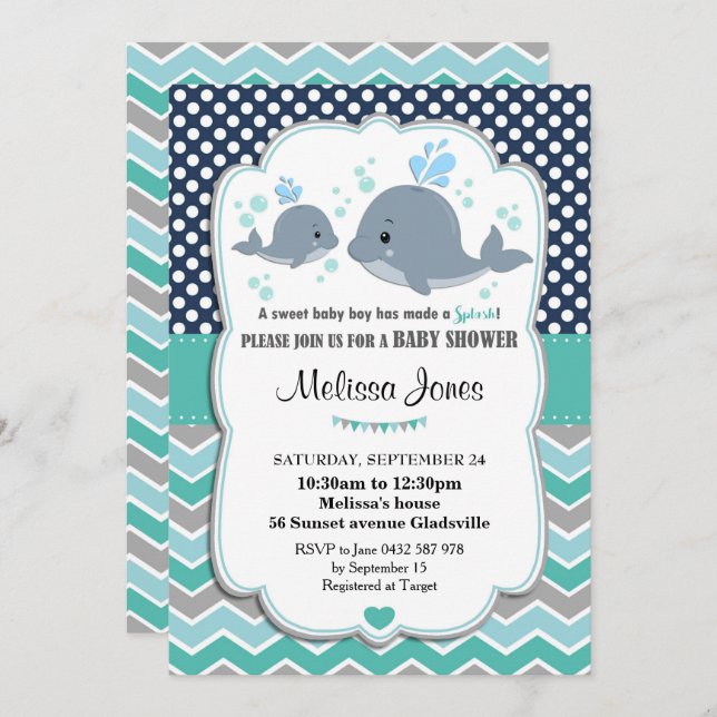 Whale Baby Shower Personalised Invitation Baby Boy (Front/Back)