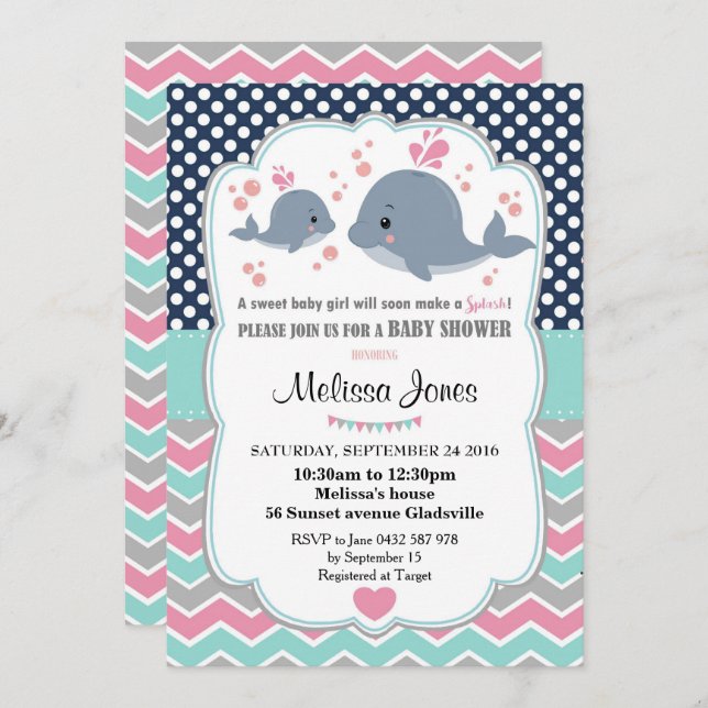 Whale Baby Shower Personalized Invitation Girl (Front/Back)