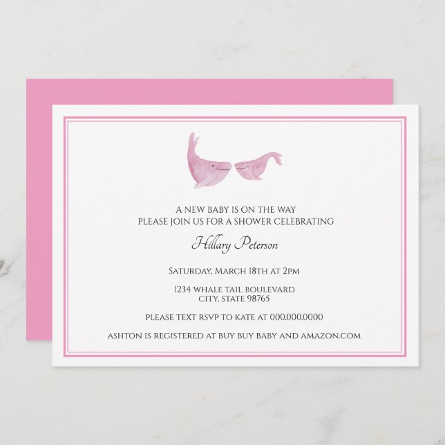 Whale baby Shower Pink Watercolor Girl Invitation (Front/Back)