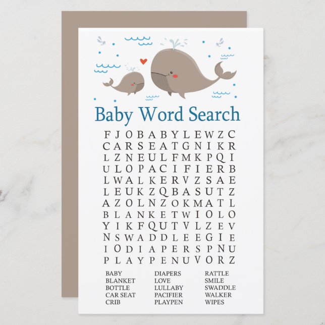 Whale Baby Shower Word Search Game (Front/Back)