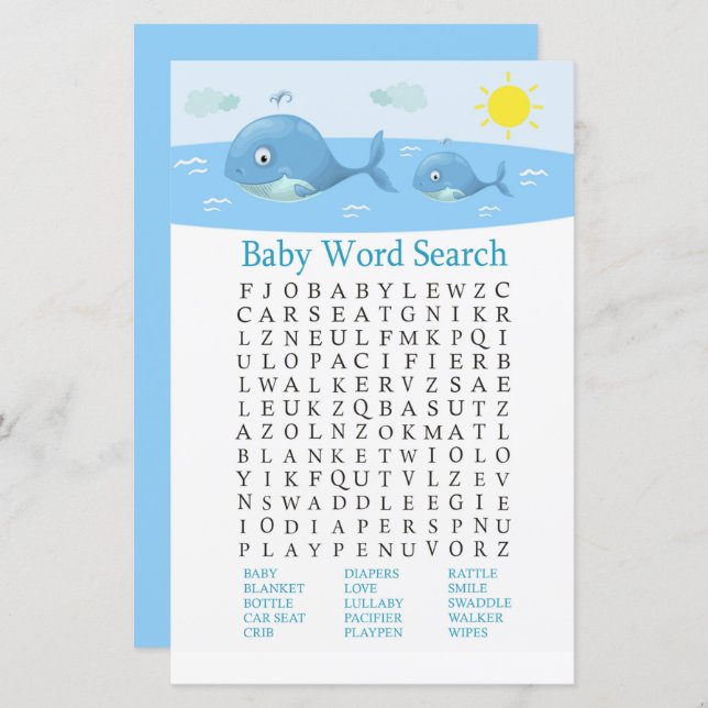 Whale Baby Shower Word Search Game (Front/Back)