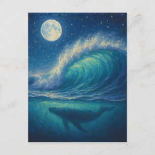 Whale Beneath Moonlit Wave - Pastel Painting Style Postcard