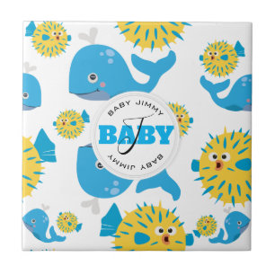 Whale & Blowfish Cartoon Baby Monogram Pattern Ceramic Tile