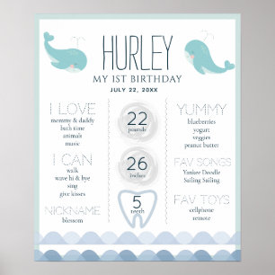 Whale Blue 1st Birthday Milestone Poster
