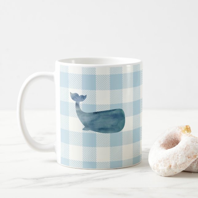 Whale Blue Check Pattern Coffee Mug (With Donut)
