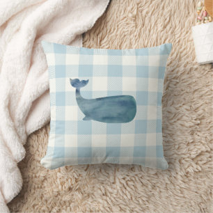 Whale Blue Gingham Check Coastal Cushion