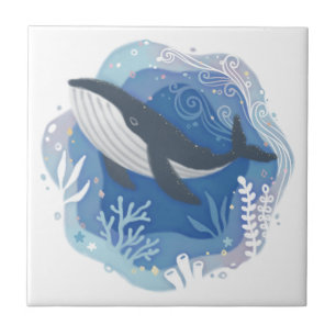 Whale & Corals in Ocean Paper Art Illustration Ceramic Tile